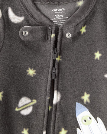 Toddler Boy Spaceship Star Print Fleece Long-Sleeve Loose Fit 1-Piece Pajamas-Grey, 