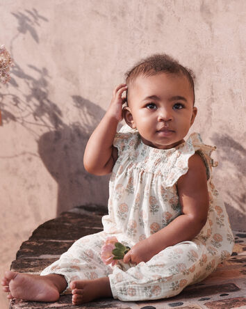 Baby Girl Organic Cotton Gauze Jumpsuit in Rosebud Petal Print, 