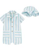 Blue/White - Baby 2-Piece Striped Romper & Hat Set