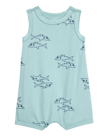 Baby Boy Shark Print Cotton Romper - Blue, 