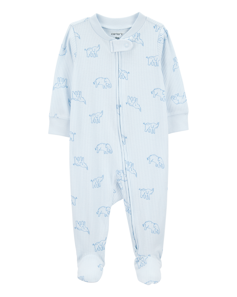 Baby Elephant Print 2-Way Zip Sleep & Play Pajamas - Blue, image 1 of 3 slides
