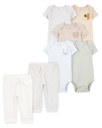 Baby 7-Piece Animals Short-Sleeve Bodysuits & Pull-On Pants Set, 