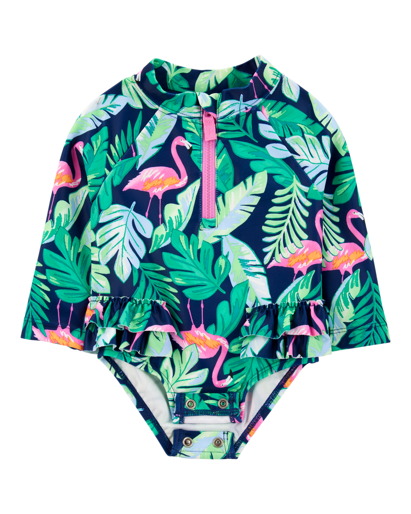 Baby 1-Piece Tropical Flamingo Long-Sleeve Rashguard Swimsuit, image 2 of 5 slides