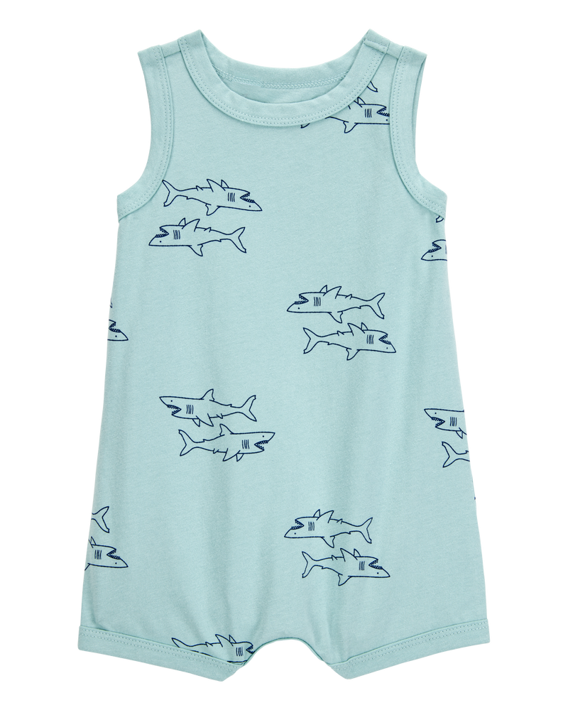 Baby Boy Shark Print Cotton Romper - Blue, image 1 of 3 slides