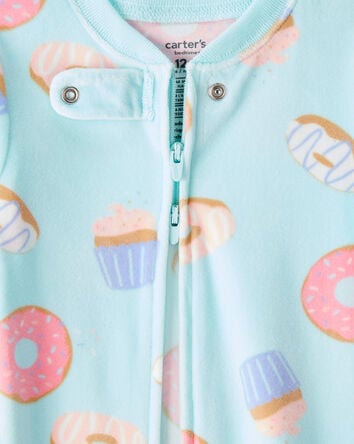 Toddler Girl Donuts Print Velour Long-Sleeve Loose Fit 1-Piece Pajamas - Blue, 