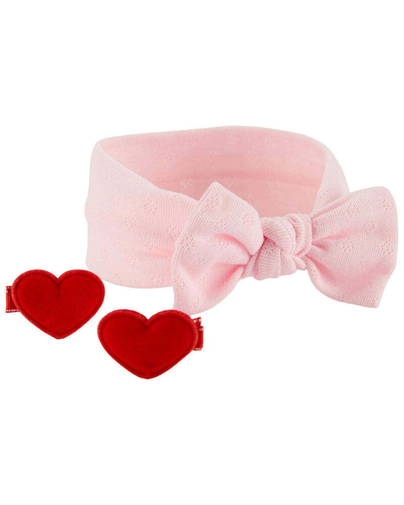 Baby 3-Piece Valentine's Day Headwrap & Heart Clips Set - Pink, image 1 of 2 slides