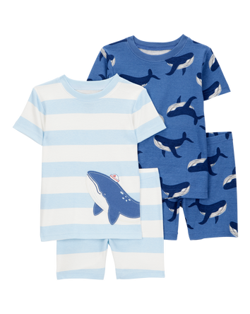 Toddler Whale Striped Snug Fit Cotton 4-Piece Pajamas, 