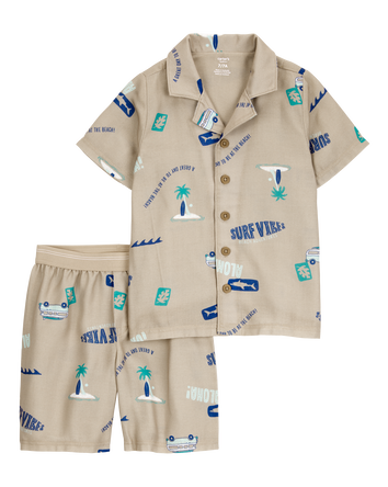 Boys Tropical Print Loose Fit 2-Piece Pajamas - Khaki, 