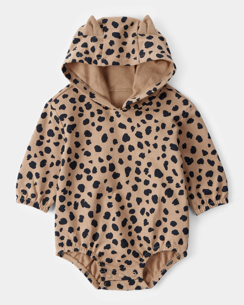Baby Leopard Hooded Long-Sleeve Bubble Romper - Brown, image 1 of 3 slides