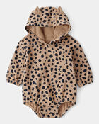 Baby Leopard Hooded Long-Sleeve Bubble Romper - Brown, image 1 of 3 slides