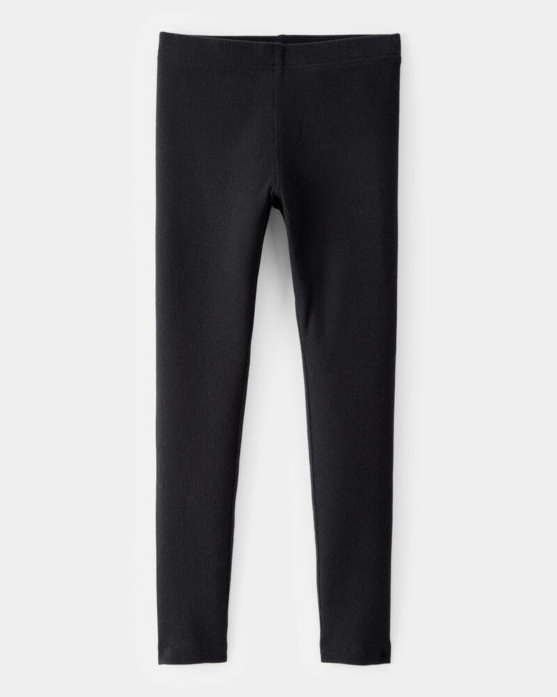 Kid Solid Cotton Ribbed Stretch Leggings - Black, image 1 of 4 slides