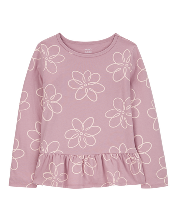 Kid Floral Long-Sleeve Peplum Jersey Tee, 