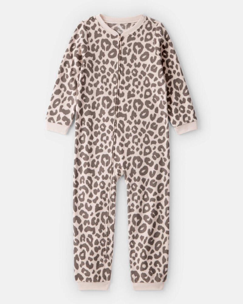 Girls Leopard Print Fleece Long-Sleeve Snug Fit 1-Piece Pajamas, image 1 of 3 slides