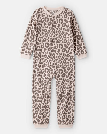 Girls Leopard Print Fleece Long-Sleeve Snug Fit 1-Piece Pajamas, 