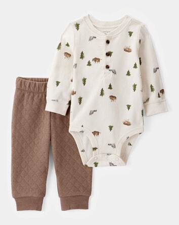 Baby 2-Piece Woodland Print Long-Sleeve Bodysuit & Quilted Pant Set, 