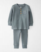 Baby Waffle Knit Set Made with Organic Cotton in Aqua Slate, image 1 of 5 slides
