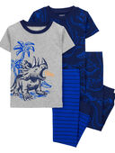 Grey/Navy - Toddler 4-Piece Dinosaur Cotton Blend Pajamas