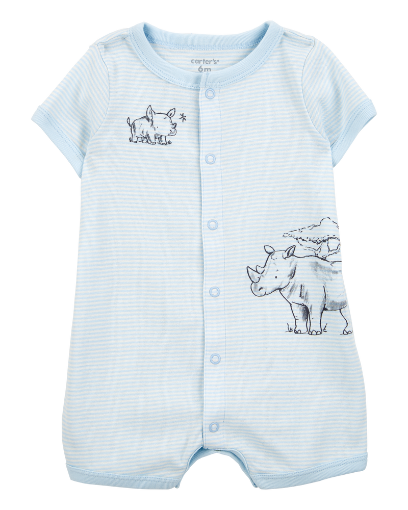 Baby Boy Rhino Striped Short-Sleeve Romper - Blue, image 1 of 3 slides