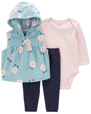 Baby 3-Piece Floral Fleece Little Vest Set, 