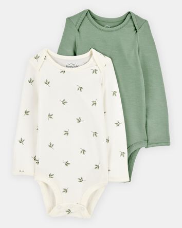 Baby 2-Pack Long-Sleeve PurelySoft Bodysuits - Green/Ivory, 