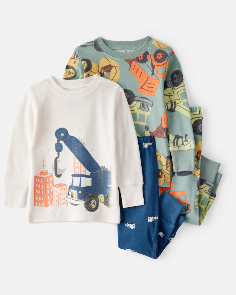 Baby Boy Construction Print 100% Cotton Long-Sleeve 4-Piece Pajamas - Blue/White/Navy, image 1 of 4 slides