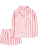Pink/White - Kid 2-Piece Striped Woven Coat-Style Pajamas