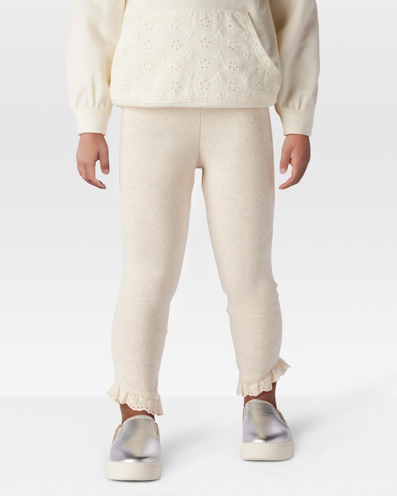 Toddler Ribbed Eyelet-Hem Pants - Cream, image 1 of 6 slides