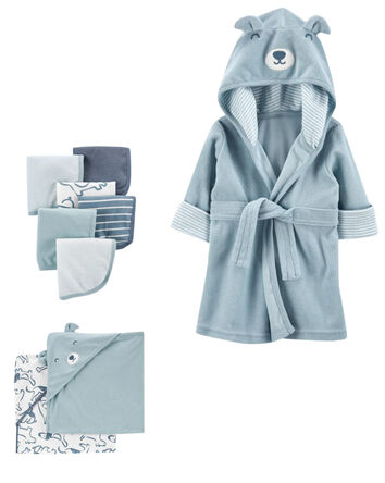 Baby 9-Piece Bear Print Bathrobe, Washcloths & Hooded Towels Set, 