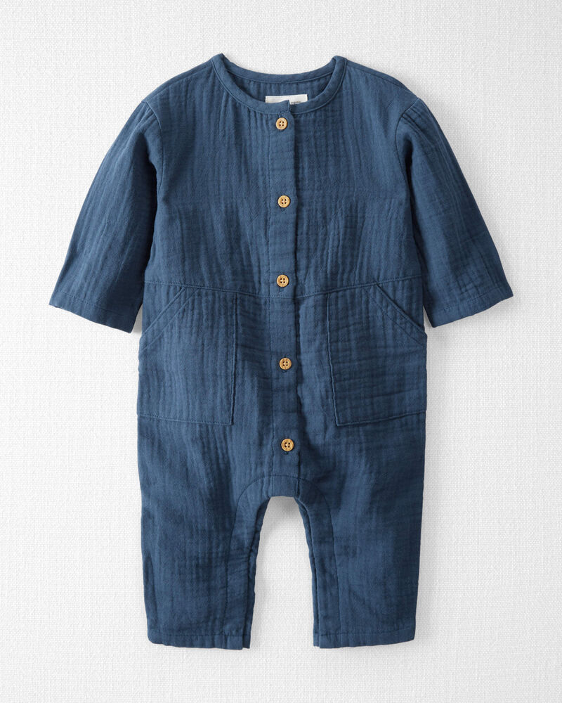 Baby Organic Cotton Gauze Button-Front Jumpsuit in Dark Sea Blue, image 1 of 4 slides