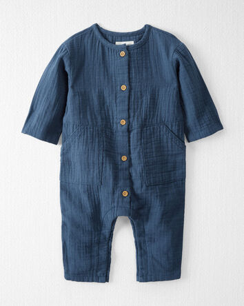 Baby Organic Cotton Gauze Button-Front Jumpsuit in Dark Sea Blue, 