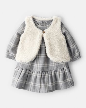 Baby Girl 2-Piece Plaid Sherpa Vest & Dress Set, 