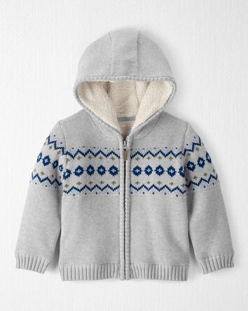 Toddler Boy Organic Cotton Fair Isle Sherpa Sweater Knit Jacket , 
