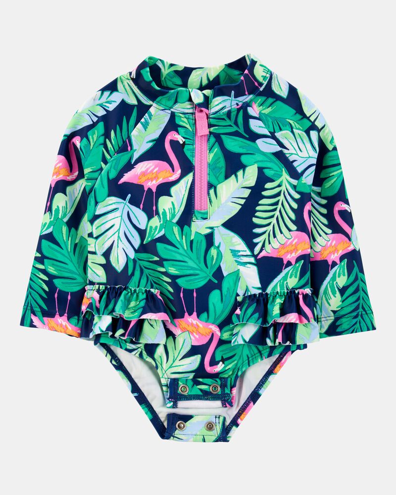 Baby Girl 1-Piece Tropical Flamingo Long-Sleeve Rashguard Swimsuit, image 2 of 5 slides
