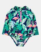 Baby Girl 1-Piece Tropical Flamingo Long-Sleeve Rashguard Swimsuit, image 2 of 5 slides