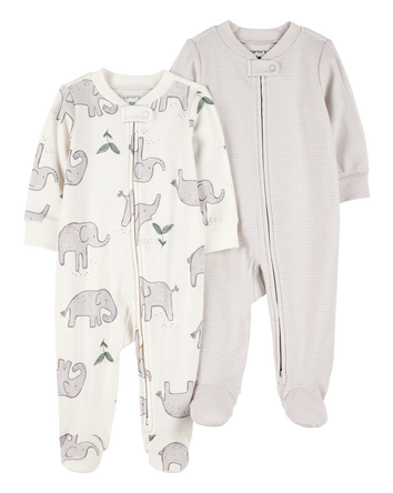 Baby 2-Pack Striped Elephant 2-Way Zip Cotton Sleep & Play Pajamas, 