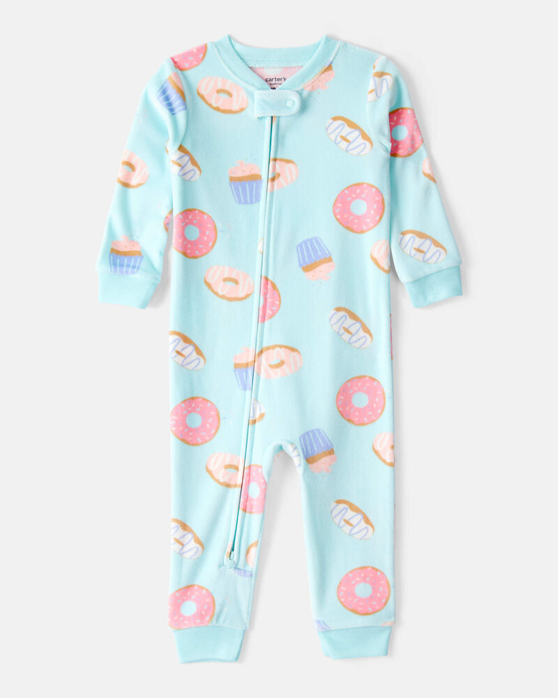 Baby Girl Donuts Print Velour Long-Sleeve Loose Fit 1-Piece Pajamas - Blue, image 1 of 4 slides