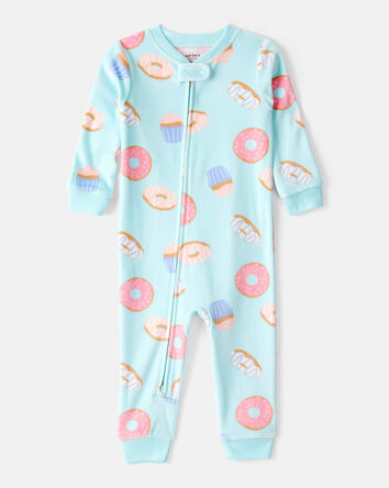 Baby Girl Donuts Print Velour Long-Sleeve Loose Fit 1-Piece Pajamas - Blue, 