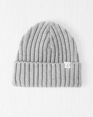 Baby Organic Cotton Ribbed Knit Beanie in Grey, 