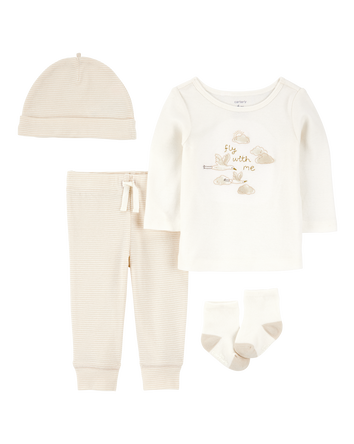 Baby 4-Piece Cloud Print Outfit Set - White/Tan, 