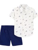 White/Navy - Baby 2-Piece Car Button-Down Shirt & Short Set