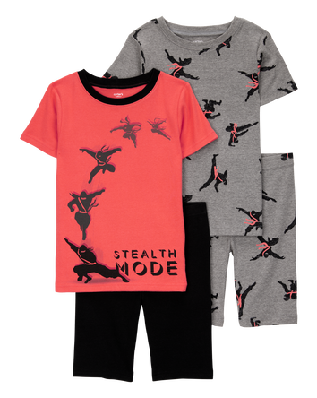 Kid Ninja Print Snug Fit Cotton 4-Piece Pajamas, 