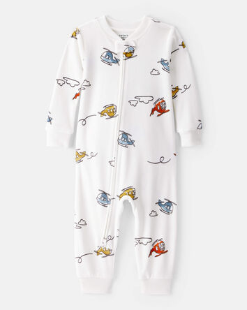 Toddler Boy Helicopter Print Loose Fit Long-Sleeve 2-Way Zip 1-Piece Pajamas - White, 