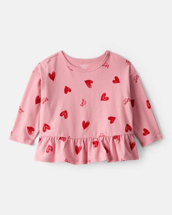 Baby Girl Heart Long-Sleeve Peplum Top - Pink, 