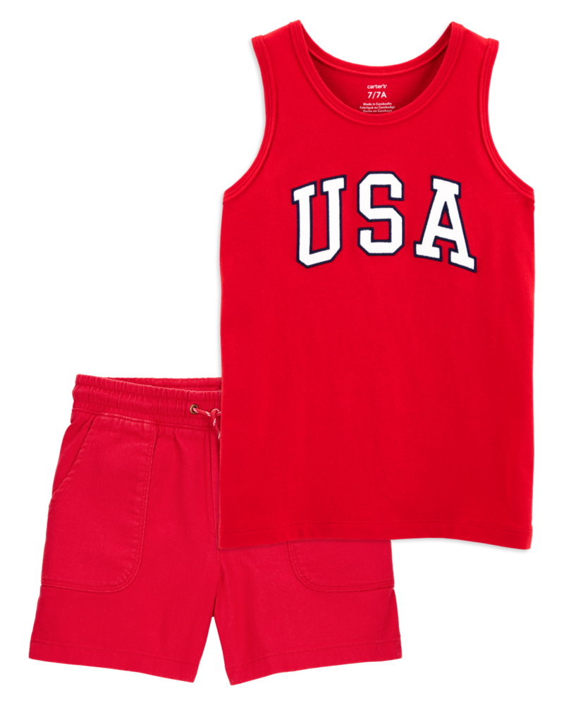 Kid 2-Piece 4th of July Tank & Pull-On Shorts Set - Red, image 1 of 6 slides