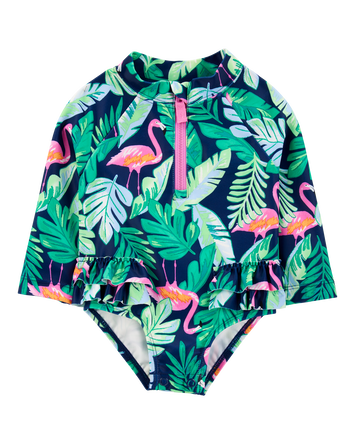 Baby Girl 1-Piece Tropical Flamingo Long-Sleeve Rashguard Swimsuit, 
