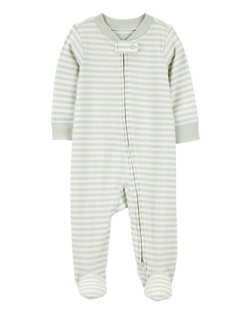 Baby Boy Striped 2-Way Zip Ribbed Sleep & Play Pajamas - Green/White, 