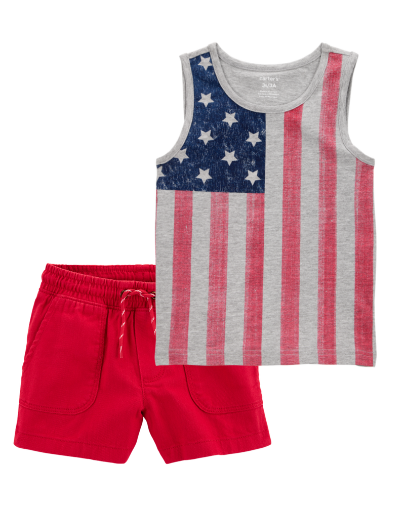 Toddler 2-Piece 4th of July American Flag Tank & Pull-On Shorts Set - Grey/Red, image 1 of 8 slides