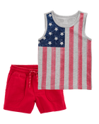 Toddler 2-Piece 4th of July American Flag Tank & Pull-On Shorts Set - Grey/Red, image 1 of 8 slides