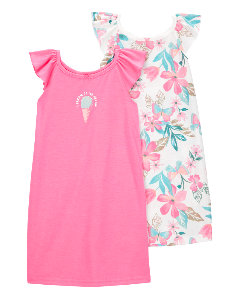 Girls 2-Pack Ice Cream Floral Nightgowns - Pink, image 1 of 4 slides