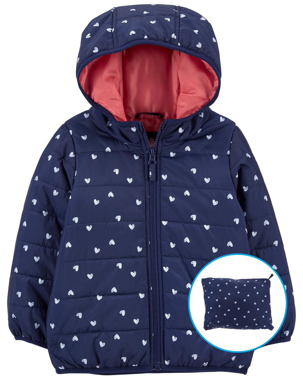 Navy Baby Heart Packable Puffer Jacket
